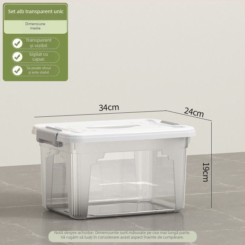 Cutie transparentă de depozitare, capacitate 30–40 L, din plastic PP, cu capac și mâner, pentru haine, jucării și gustări