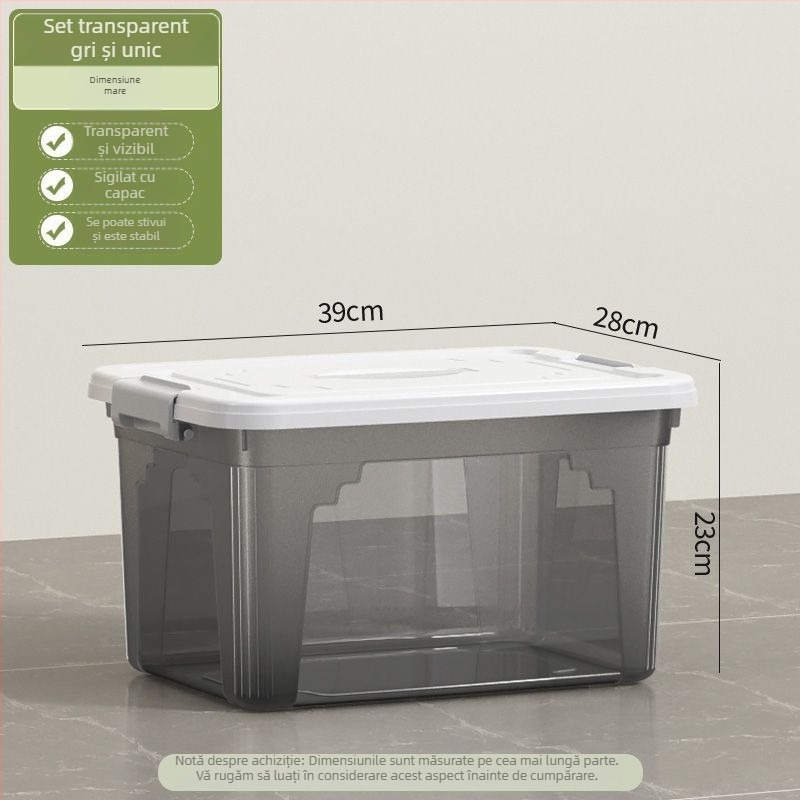 Cutie transparentă de depozitare, capacitate 30–40 L, din plastic PP, cu capac și mâner, pentru haine, jucării și gustări