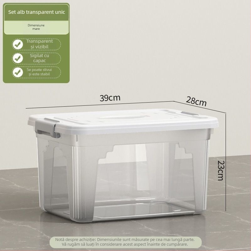 Cutie transparentă de depozitare, capacitate 30–40 L, din plastic PP, cu capac și mâner, pentru haine, jucării și gustări