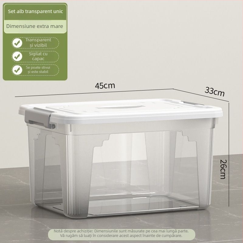 Cutie transparentă de depozitare, capacitate 30–40 L, din plastic PP, cu capac și mâner, pentru haine, jucării și gustări