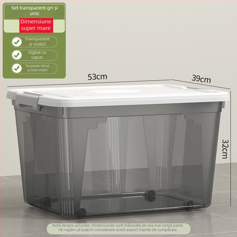 Cutie transparentă de depozitare, capacitate 30–40 L, din plastic PP, cu capac și mâner, pentru haine, jucării și gustări