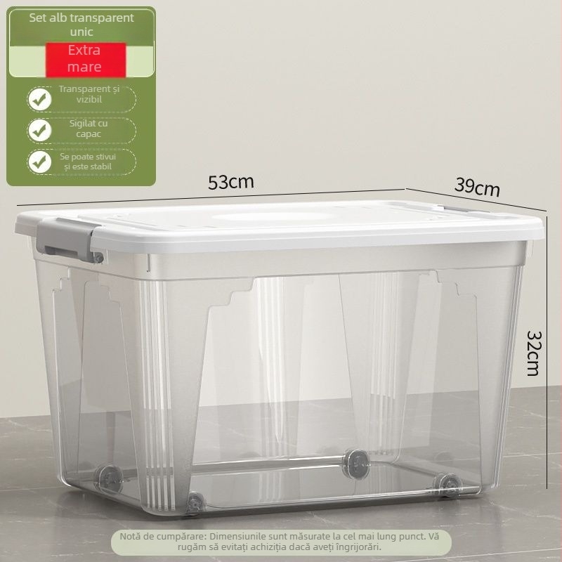 Cutie transparentă de depozitare, capacitate 30–40 L, din plastic PP, cu capac și mâner, pentru haine, jucării și gustări