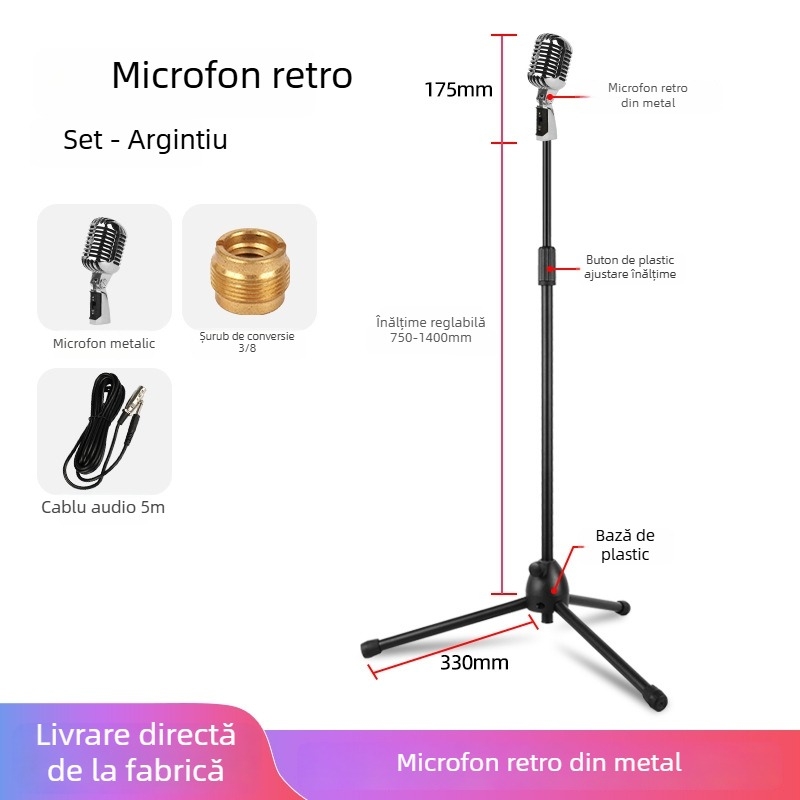 Microfon dynamic de scenă cu wireless, răspuns în frecvență 20 Hz–20 kHz, SNR ≥75 dB, bobină mobilă, model S02