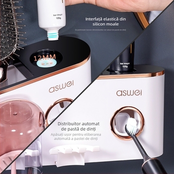 Stoarcător automat de pastă de dinți – suport de periuțe montat pe perete, fără găuri, PP+ABS