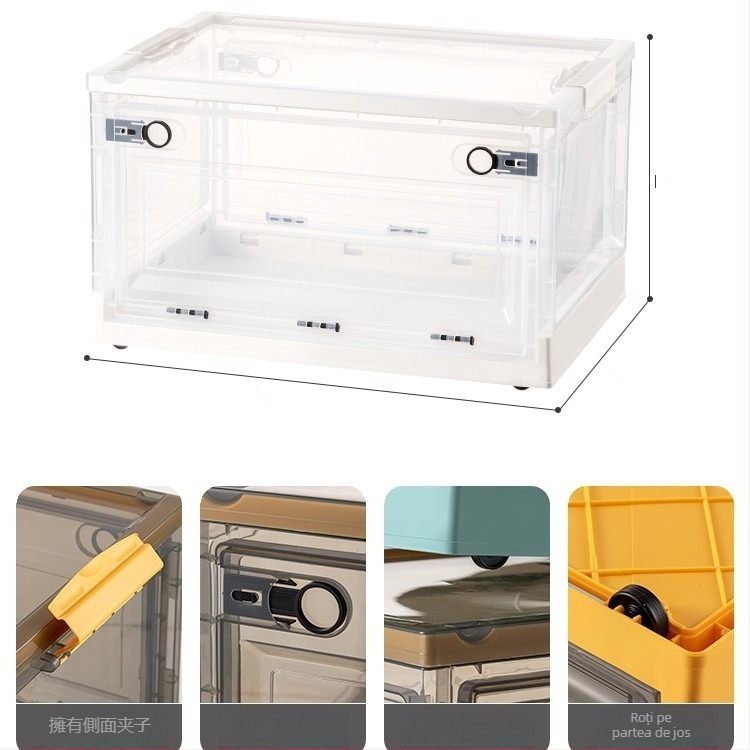 Cutie transparentă pentru cărți, cu trei uși și roți, pliabilă, PP+ABS, capacitate 70–80 L, închidere cu clapă