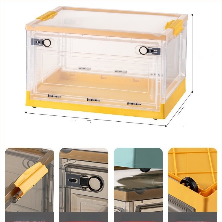 Cutie transparentă pentru cărți, cu trei uși și roți, pliabilă, PP+ABS, capacitate 70–80 L, închidere cu clapă