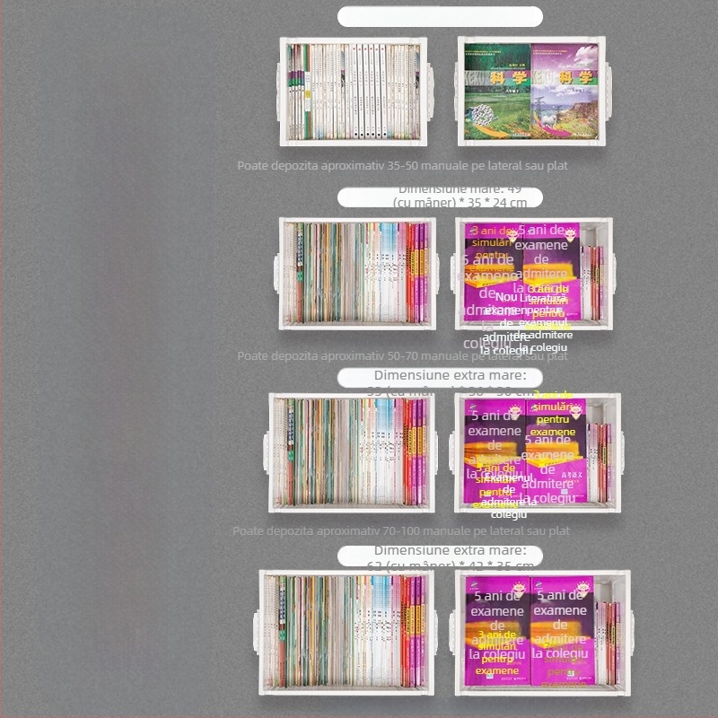 Cutie transparentă pentru cărți, cu trei uși și roți, pliabilă, PP+ABS, capacitate 70–80 L, închidere cu clapă