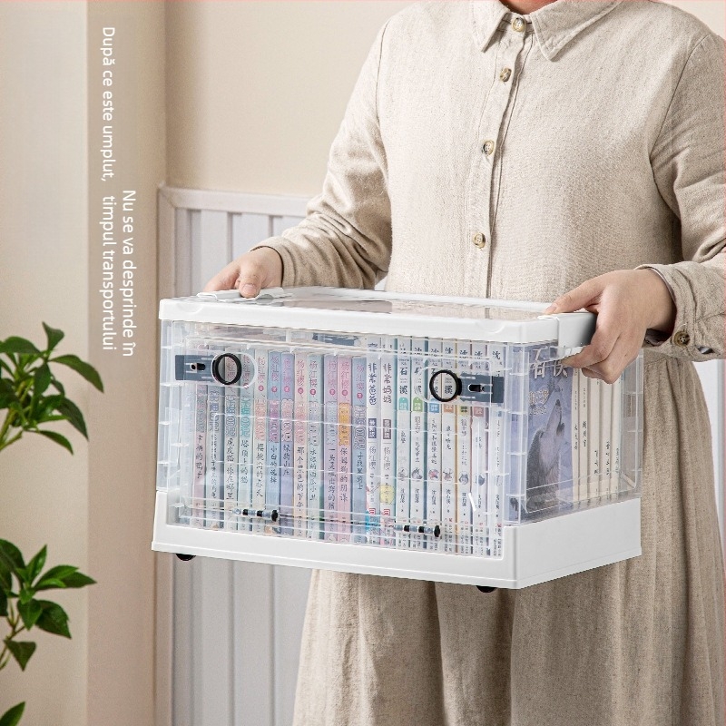 Cutie transparentă pentru cărți, cu trei uși și roți, pliabilă, PP+ABS, capacitate 70–80 L, închidere cu clapă