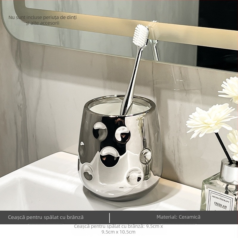 Căni ceramice pentru clătire a gurii pentru cuplu, cu suport – set de baie luxos (2 buc.)