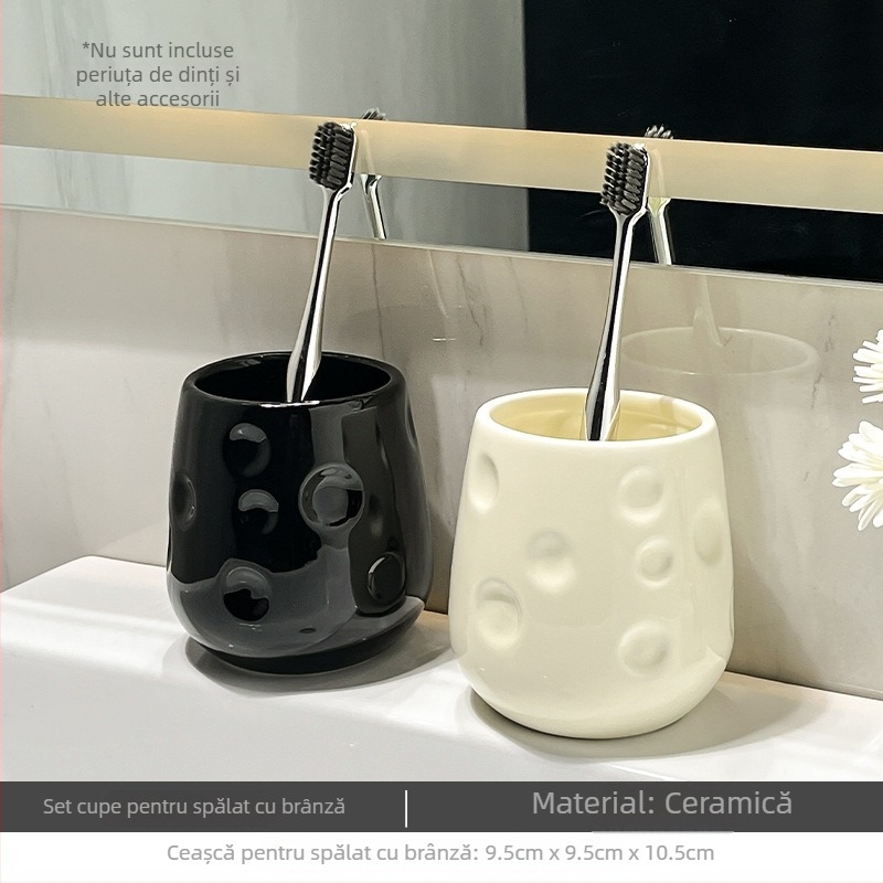 Căni ceramice pentru clătire a gurii pentru cuplu, cu suport – set de baie luxos (2 buc.)
