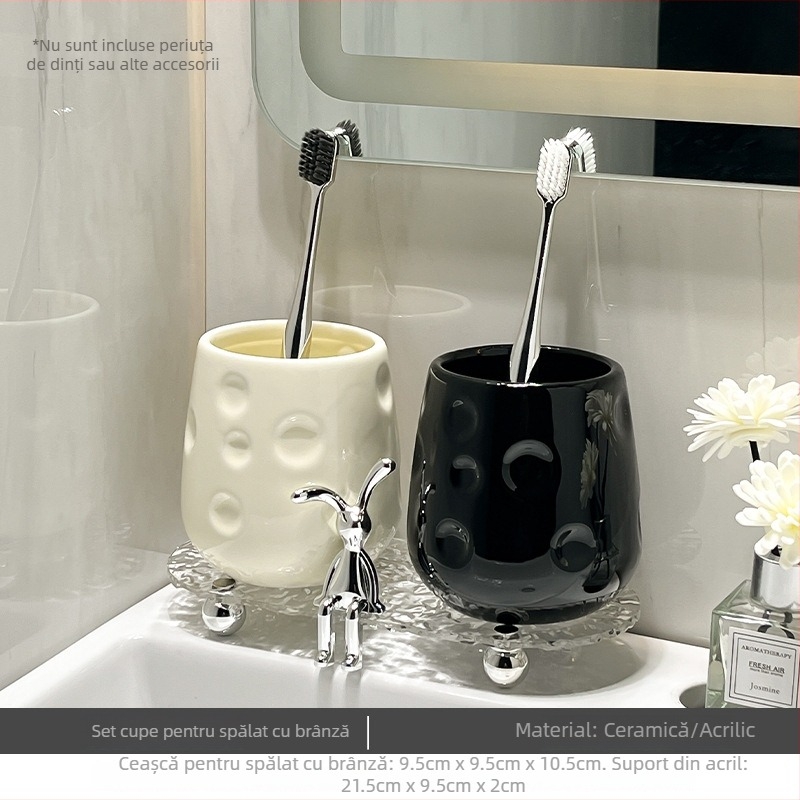 Căni ceramice pentru clătire a gurii pentru cuplu, cu suport – set de baie luxos (2 buc.)
