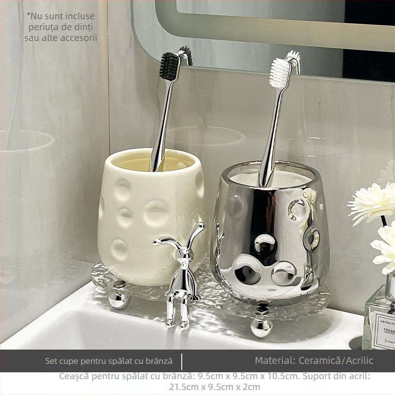 Căni ceramice pentru clătire a gurii pentru cuplu, cu suport – set de baie luxos (2 buc.)