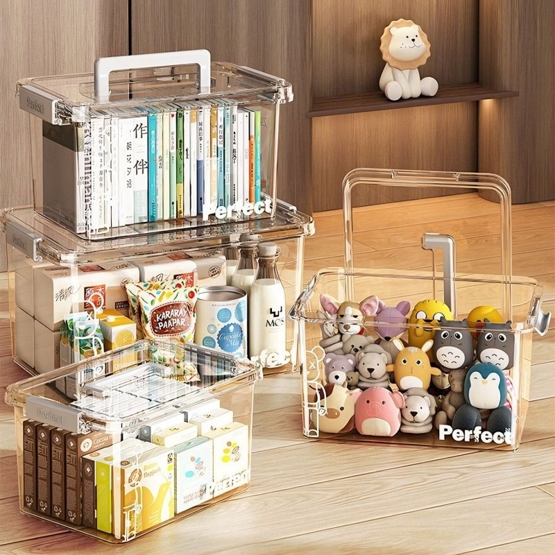 Cutie transparentă de depozitare din PET, portabilă, impermeabilă, cu capacitate până la 5 L, pentru haine, jucării, gustări și cărți