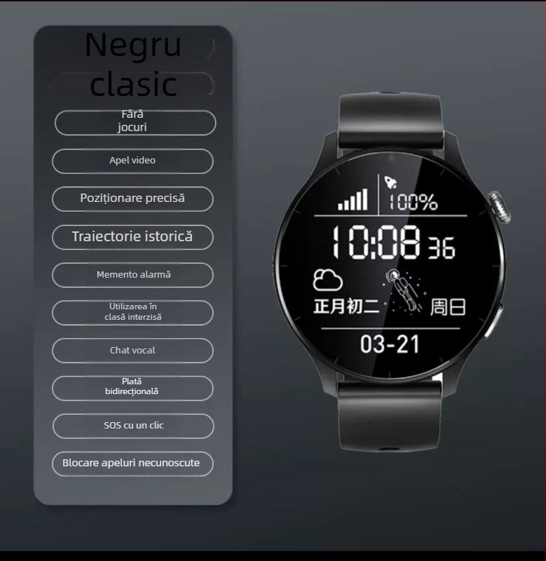 Ceas inteligent de telefon pentru elevi, compatibil Android, ecran TFT de 1,44 inch, baterie 1280mAh, rezistent la apă, cameră de 8 MP