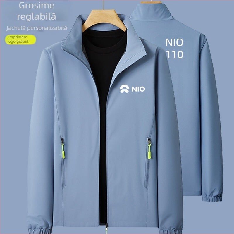 Geacă de lucru ușoară cu imprimare a logo-ului, guler înalt, fermoar, croială lejeră, impermeabilă