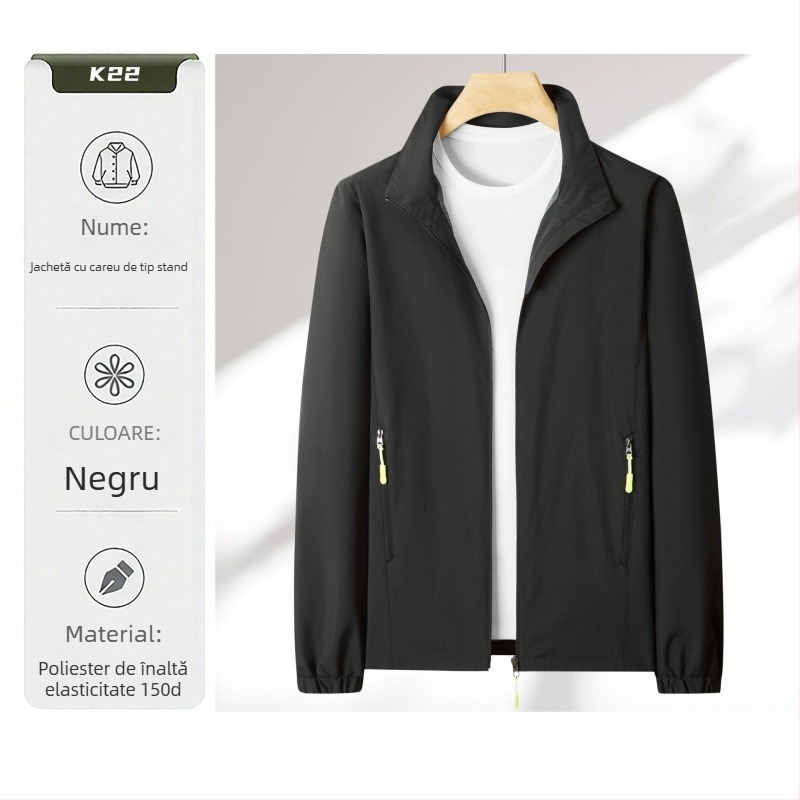 Geacă de lucru ușoară cu imprimare a logo-ului, guler înalt, fermoar, croială lejeră, impermeabilă