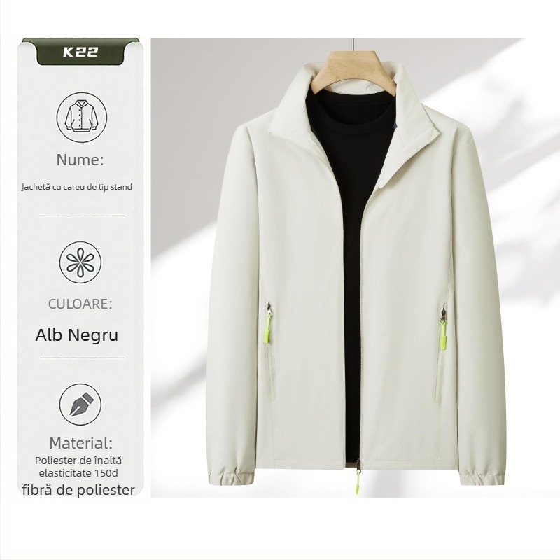 Geacă de lucru ușoară cu imprimare a logo-ului, guler înalt, fermoar, croială lejeră, impermeabilă