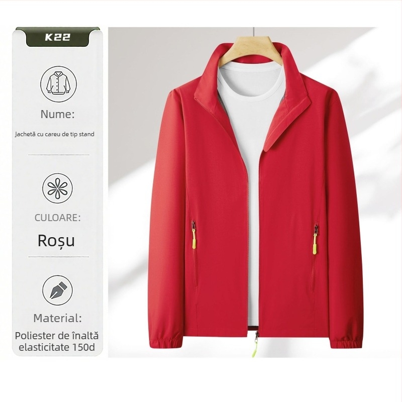 Geacă de lucru ușoară cu imprimare a logo-ului, guler înalt, fermoar, croială lejeră, impermeabilă