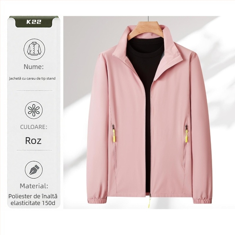 Geacă de lucru ușoară cu imprimare a logo-ului, guler înalt, fermoar, croială lejeră, impermeabilă