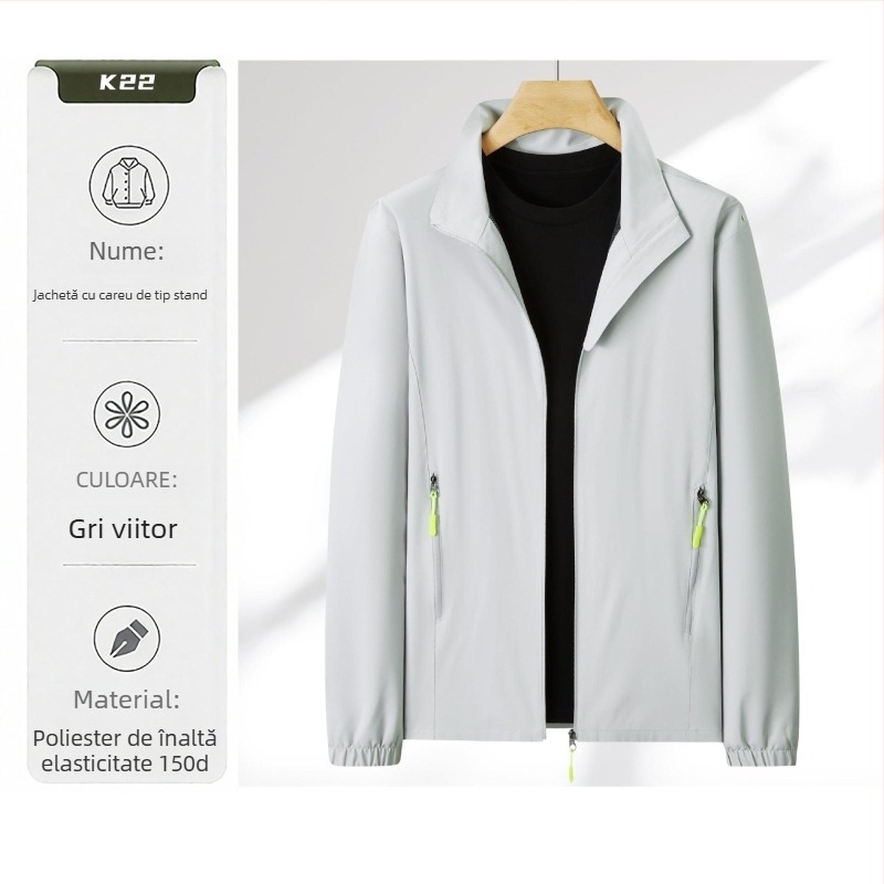 Geacă de lucru ușoară cu imprimare a logo-ului, guler înalt, fermoar, croială lejeră, impermeabilă