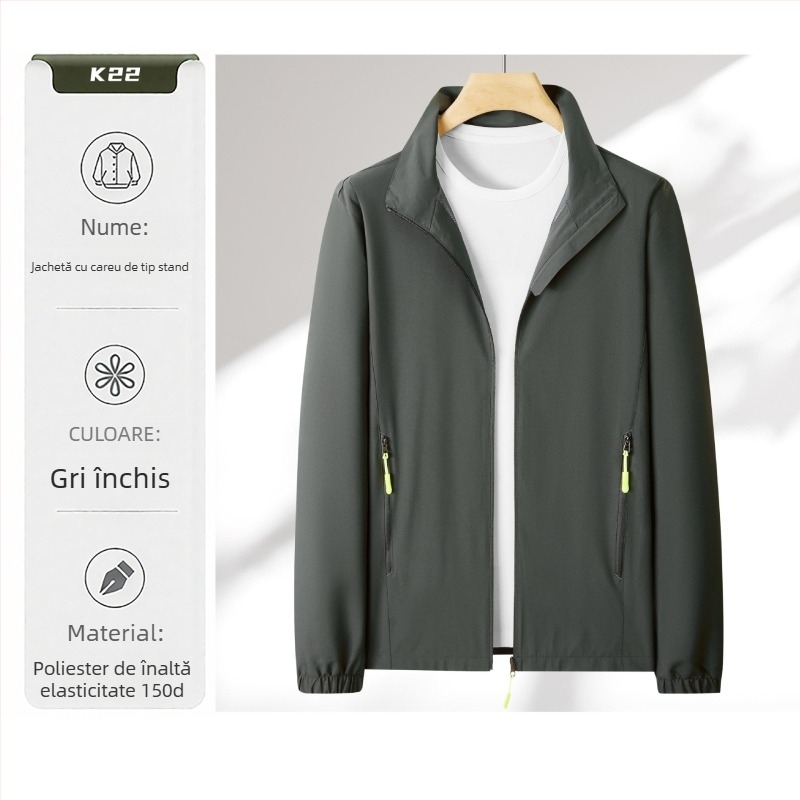 Geacă de lucru ușoară cu imprimare a logo-ului, guler înalt, fermoar, croială lejeră, impermeabilă
