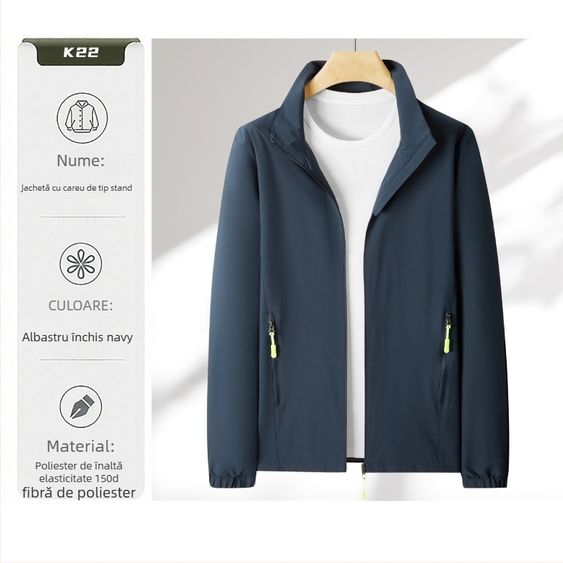 Geacă de lucru ușoară cu imprimare a logo-ului, guler înalt, fermoar, croială lejeră, impermeabilă