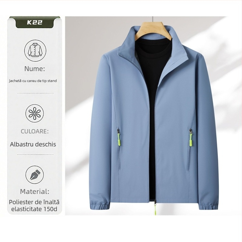 Geacă de lucru ușoară cu imprimare a logo-ului, guler înalt, fermoar, croială lejeră, impermeabilă