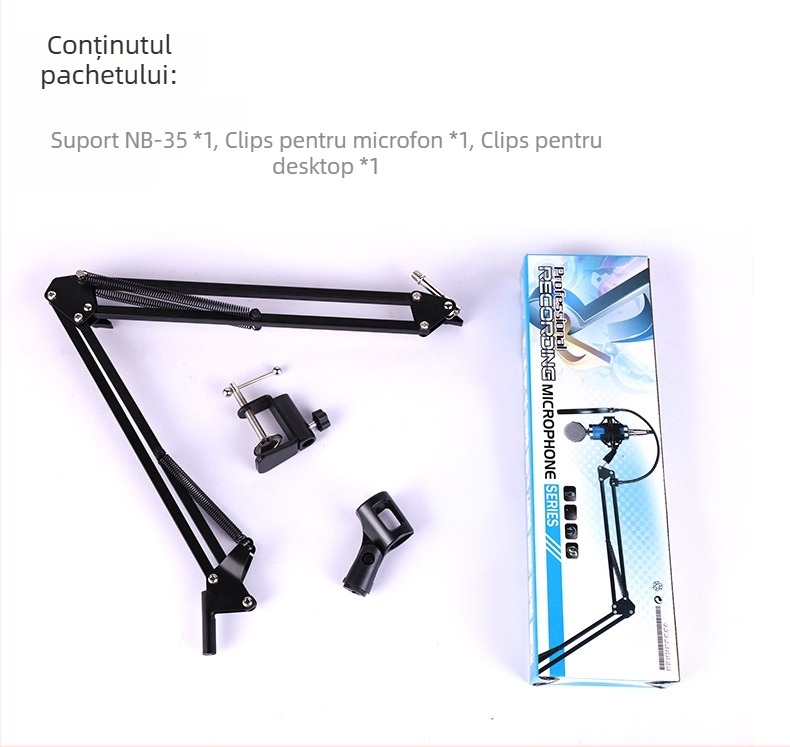 Suport de microfon de birou pliabil pentru gaming și streaming live – NB-35 set, încărcare maximă 2 kg, reglaj 180°, șuruburi 1/4 inch și 3/8 inch