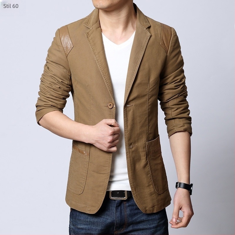 Jachetă casuală pentru costum, stil coreean, Slim fit, din bumbac cu căptușeală din poliester, deschidere cu două nasturi, guler de sacou, model uni, primăvară-toamnă