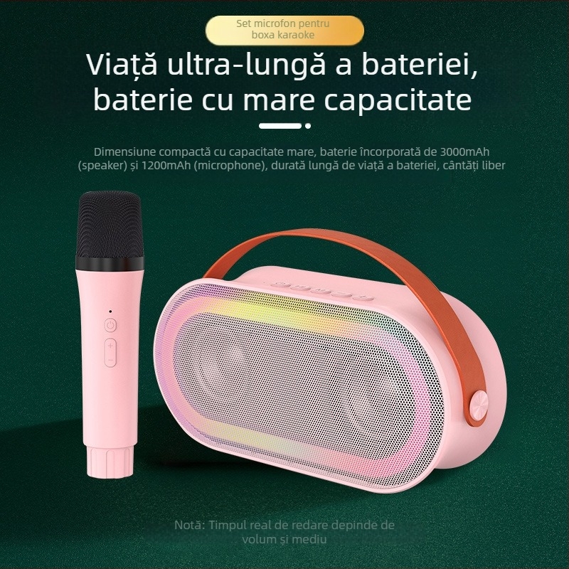 Boxă Bluetooth portabilă pentru karaoke cu microfon încorporat — Bluetooth 5.3, 10W, baterie internă 2000-4000mAh, răspuns în frecvențe 20Hz-20kHz, autonomie 3-6h