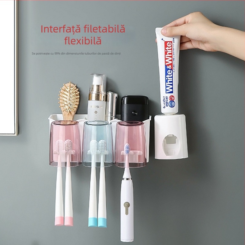 Suport pentru periuțe de dinți cu montaj încastrat — PP+PS, fără găuri, depozitare și strângere pastă de dinți, personalizare disponibilă