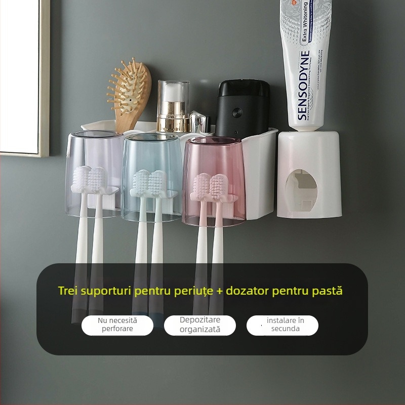 Suport pentru periuțe de dinți cu montaj încastrat — PP+PS, fără găuri, depozitare și strângere pastă de dinți, personalizare disponibilă