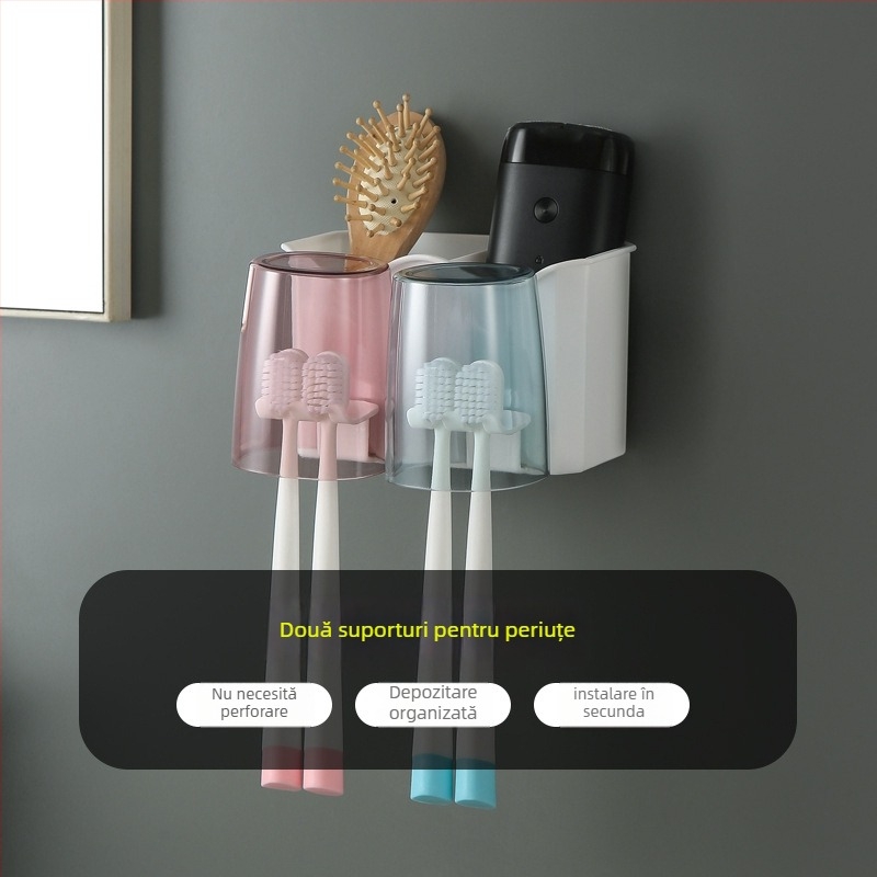 Suport pentru periuțe de dinți cu montaj încastrat — PP+PS, fără găuri, depozitare și strângere pastă de dinți, personalizare disponibilă