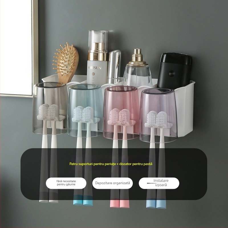 Suport pentru periuțe de dinți cu montaj încastrat — PP+PS, fără găuri, depozitare și strângere pastă de dinți, personalizare disponibilă