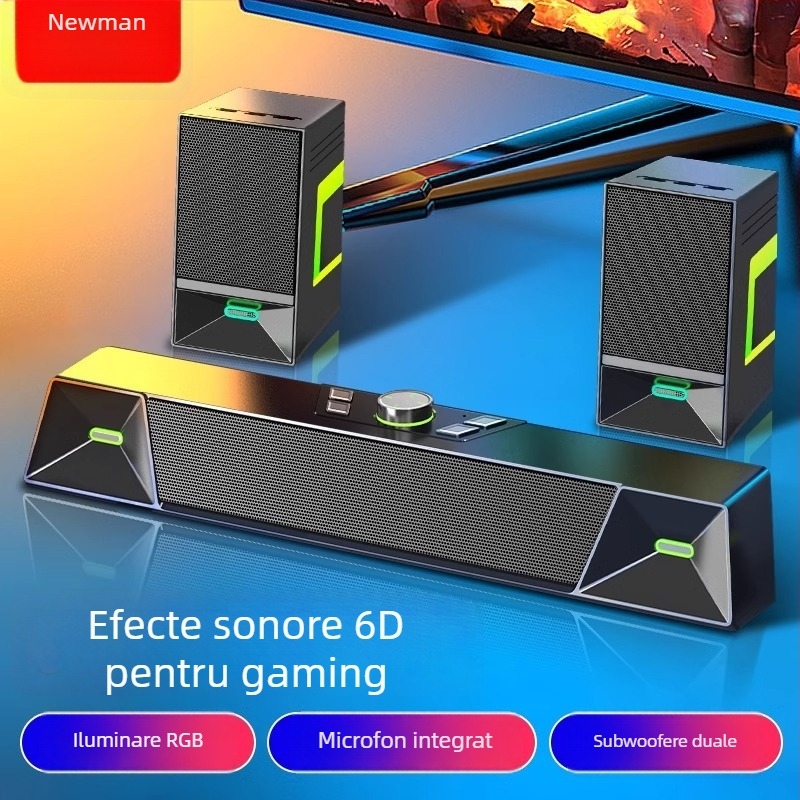 Newmine V6 boxe desktop pentru calculator, sunet stereo, alimentare USB, 20W, răspuns în frecvență 100 Hz–20 kHz, SNR ≥75 dB