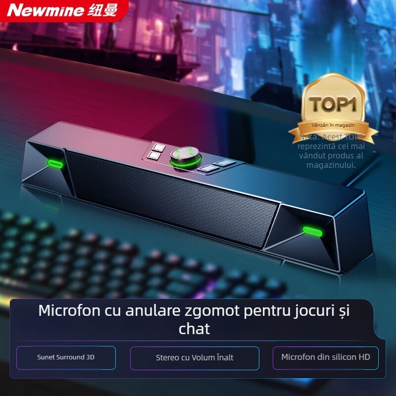 Newmine V6 boxe desktop pentru calculator, sunet stereo, alimentare USB, 20W, răspuns în frecvență 100 Hz–20 kHz, SNR ≥75 dB
