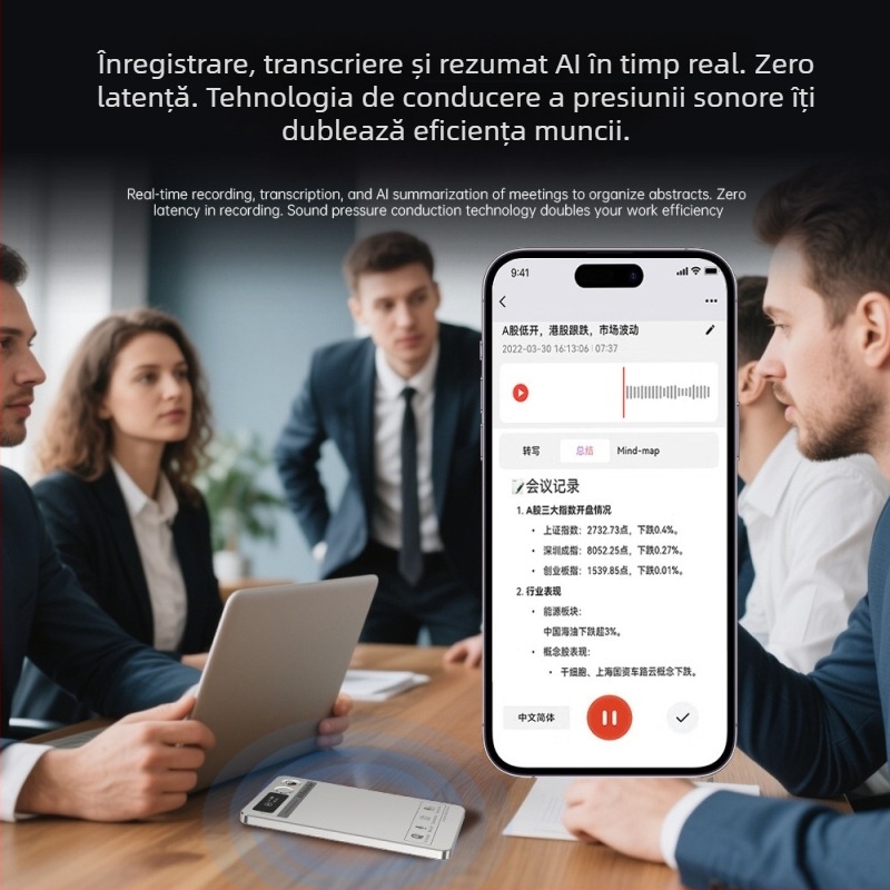 Traducător AI și înregistrator de conferințe, 3 microfoane, Bluetooth, MP3, 64GB
