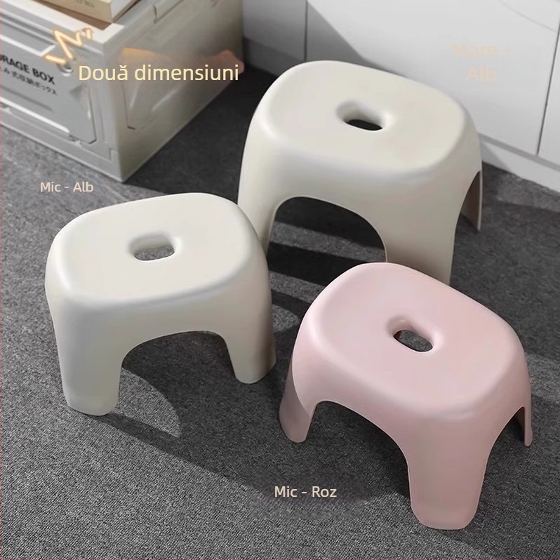Scaun mic din plastic, construcție groasă – pentru uz casnic, potrivit ca taburet pentru living și scaun de duș în baie.