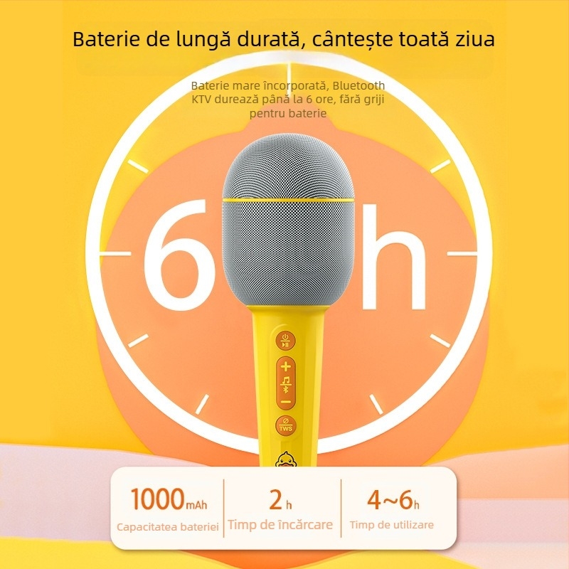 Microfon wireless cu difuzor încorporat pentru karaoke acasă, Bluetooth 5.0; baterie încorporată 800–1000 mAh; autonomie 6–8 ore; răspuns în frecvență 20 Hz–20 kHz; SNR ≥85 dB