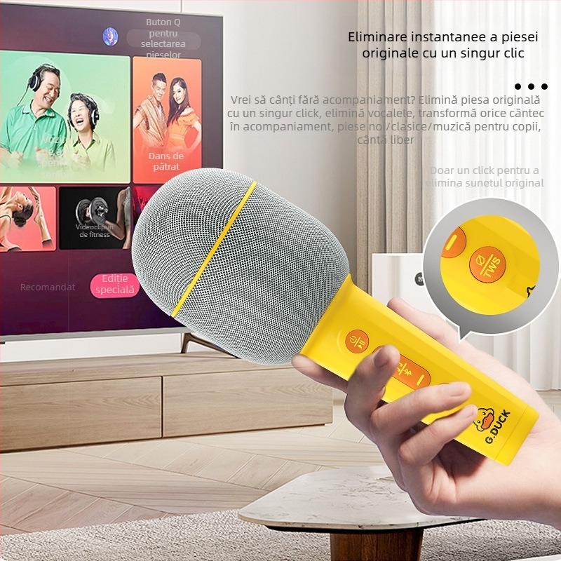 Microfon wireless cu difuzor încorporat pentru karaoke acasă, Bluetooth 5.0; baterie încorporată 800–1000 mAh; autonomie 6–8 ore; răspuns în frecvență 20 Hz–20 kHz; SNR ≥85 dB