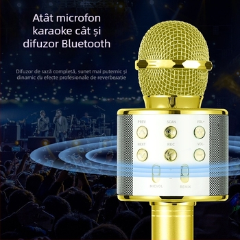 WS-858 Microfon karaoke wireless cu difuzor încorporat, microfon condensator, Bluetooth 5.3, baterie 1000-1200mAh, autonomie 3-6h, 100Hz-20kHz, SNR ≥75dB