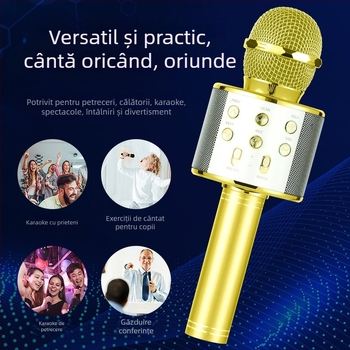 WS-858 Microfon karaoke wireless cu difuzor încorporat, microfon condensator, Bluetooth 5.3, baterie 1000-1200mAh, autonomie 3-6h, 100Hz-20kHz, SNR ≥75dB
