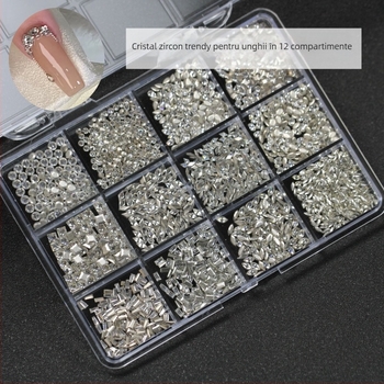 Aproximativ 1900 pietre zircon cristal pentru unghii, cutie cu 12 compartimente, diamante cu margini șlefuite și forme neregulate, ambalate individual