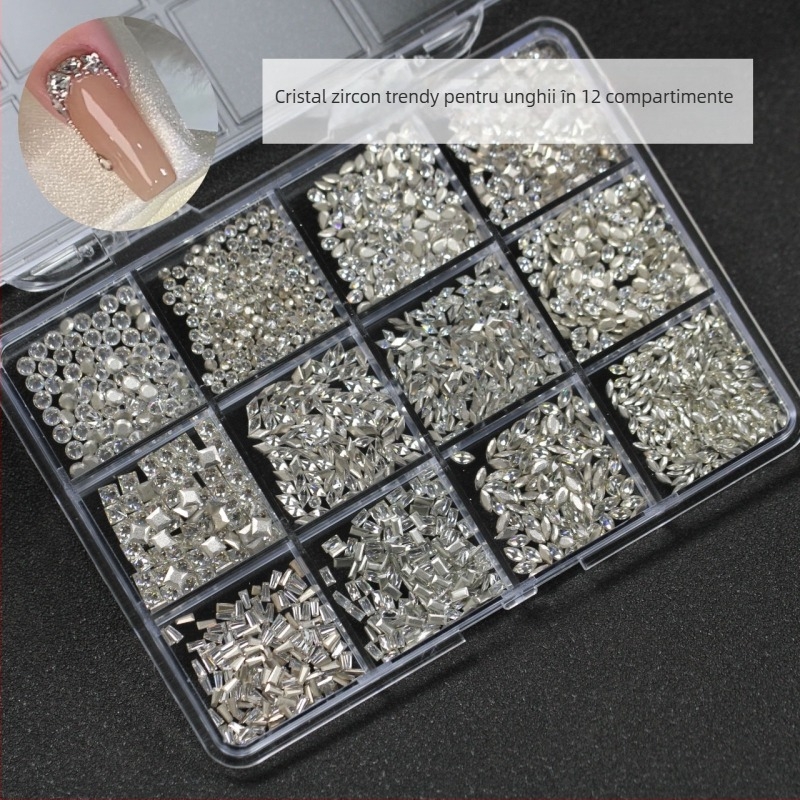 Aproximativ 1900 pietre zircon cristal pentru unghii, cutie cu 12 compartimente, diamante cu margini șlefuite și forme neregulate, ambalate individual