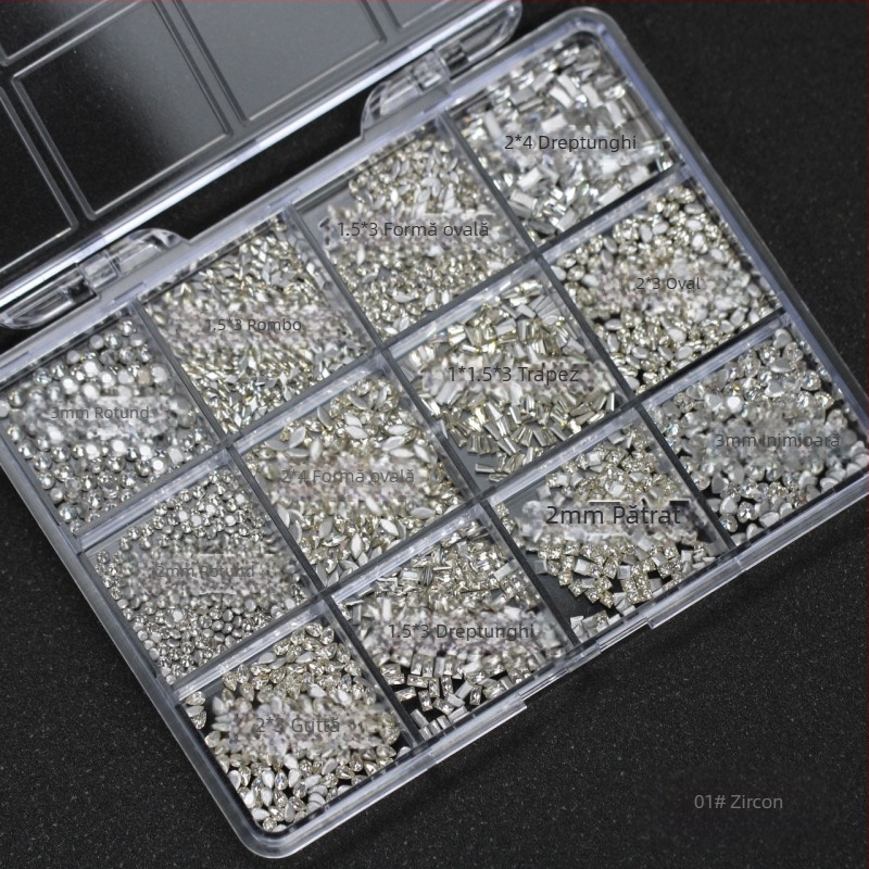 Aproximativ 1900 pietre zircon cristal pentru unghii, cutie cu 12 compartimente, diamante cu margini șlefuite și forme neregulate, ambalate individual