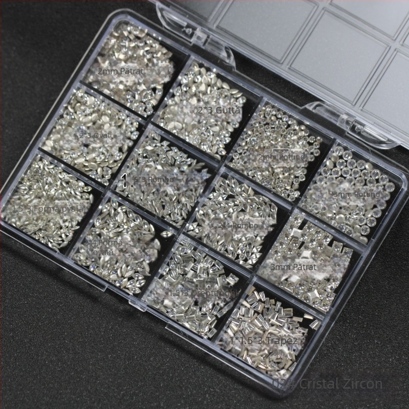 Aproximativ 1900 pietre zircon cristal pentru unghii, cutie cu 12 compartimente, diamante cu margini șlefuite și forme neregulate, ambalate individual