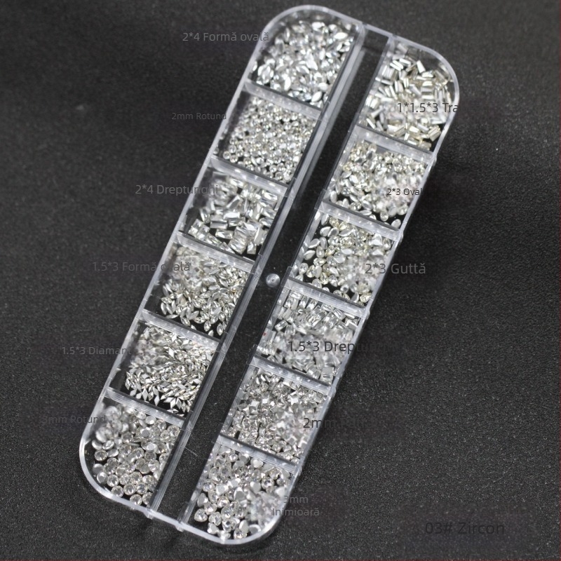 Aproximativ 1900 pietre zircon cristal pentru unghii, cutie cu 12 compartimente, diamante cu margini șlefuite și forme neregulate, ambalate individual