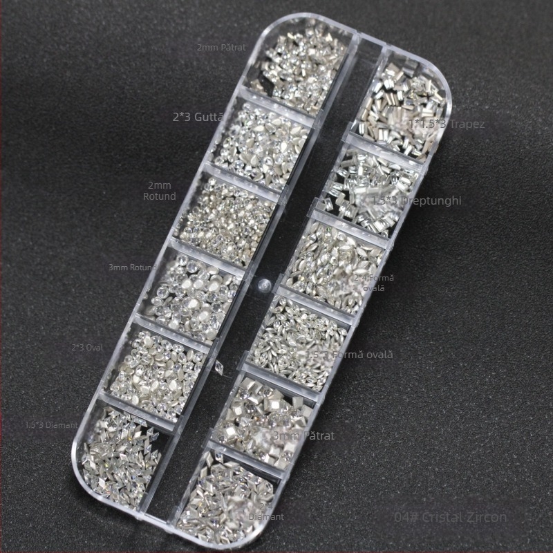 Aproximativ 1900 pietre zircon cristal pentru unghii, cutie cu 12 compartimente, diamante cu margini șlefuite și forme neregulate, ambalate individual
