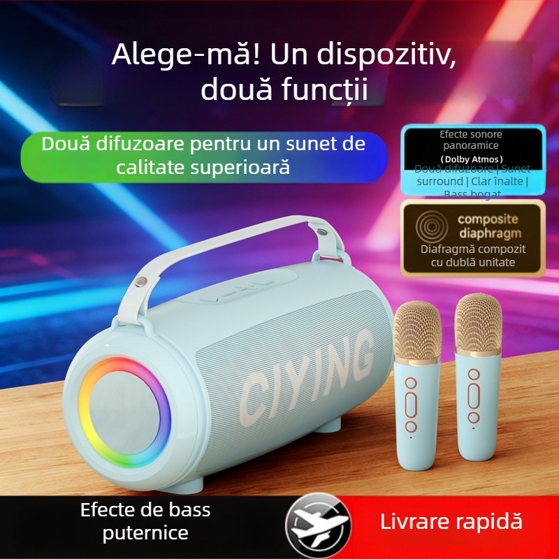 Microfon karaoke wireless cu difuzor mic încorporat — Bluetooth 5.0, 2 difuzoare, 10W, 100 Hz-20 kHz, raport semnal-zgomot ≥85 dB