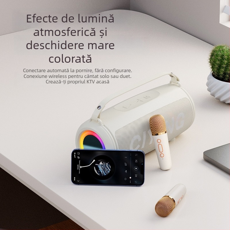 Microfon karaoke wireless cu difuzor mic încorporat — Bluetooth 5.0, 2 difuzoare, 10W, 100 Hz-20 kHz, raport semnal-zgomot ≥85 dB